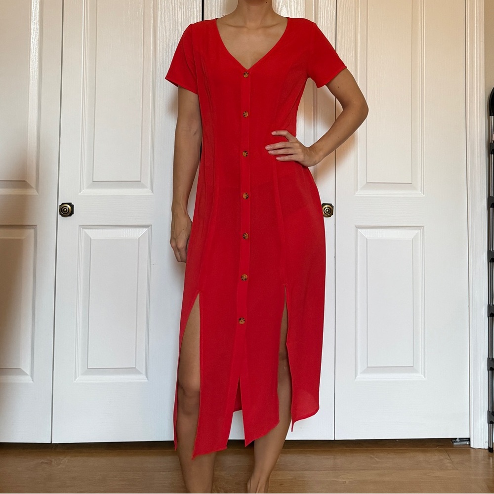 Red long midi dress with slits H&M